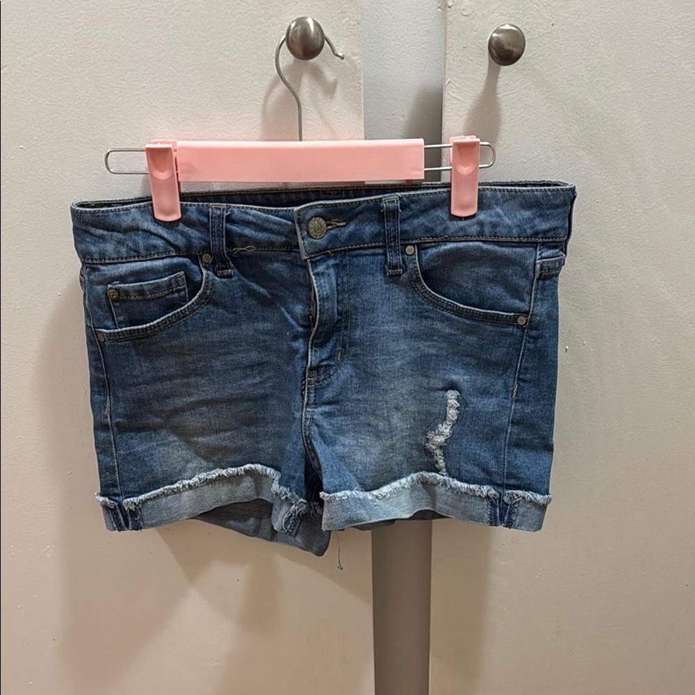 Celebrity Pink Blue Cut-Off Jean Shorts with Distressing